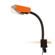 Zaciskowa/nablatowa lampa biurkowa z giętym czarnym ramieniem z tworzywa i ruchomą pomarańczową metalową głowicą, Targetti Sankey, Włochy, lata 70.