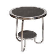 Stolik kawowy/pomocnik z dwoma szklanymi czarnymi blatami w metalowych chromowanych obejmach osadzonymi na chromowanych metalowych rurkach, Bauhaus, Holandia, lata 50.