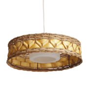 Jednopunktowa ażurowa lampa "Koszyczek" o mieszanej konstrukcji z wikliny i usztywnianego papieru ze szklanym mlecznobiałym wewnętrznym dyfuzorem, Niemcy, lata 70.