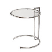 Chromowany okrągły stolik E 1027 ze szklanym blatem i regulowaną wysokością według projektu Eilleen Gray z 1927 roku, Włochy, lata 80/90.
