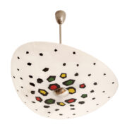 Mleczno-biała szklana trzypunktowa lampa sufitowa „Parasolka” z geometrycznymi kolorowymi wzorami , Kamenický Šenov, Czechosłowacja, lata 60.