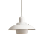 Jednopunktowa ażurowa nieduża metalowa biała lampa wisząca, Space Age, firma Jeka Metaltryk, Dania, lata 80.