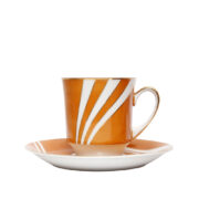 Porcelanowa ręcznie malowana pomarańczowa złocona filiżanka ze spodkiem fason June, projekt Wincenty Potacki dla ZPS Ćmielów, wzór z 1962 roku