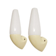 Dwa cytrynowe ceramiczne kinkiety ze szklanymi  mleczno-białymi kloszami w kształcie stożka, model 6035, projekt Sigvard Bernadotte dla IFÖ Electric, Szwecja, lata 50.