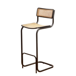 Stołek/hoker wspornikowy na czarnej lakierowanej w macie metalowej konstrukcji z siatkowym siedziskiem i oparciem z rattanu, wg. projektu Marcela Breuera (S32) dla firmy Thonet, Francja, po 2000 roku.