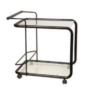 Mobilny stolik/wózek barowy w stylu Memphis na metalowej konstrukcji z giętych czarnych rurek polakierowanych na z dwoma nakładanymi szklanymi blatami z białą namalowaną kratką, Włochy, lata 80.