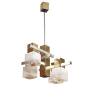 Duża złota metalowa lampa wisząca z czterema sześciennymi szklanymi kloszami, projekt Gaetano Sciolari dla AV Mazzega, Włochy, lata 70.