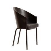 Jadalniane krzesło kubełkowe w stylu krzesła Costes projektu Philippe Starcka dla Driade z oparciem z giętej lakierowanej na czarno sklejki i czarnym siedziskiem ze sztucznej skóry osadzonym na metalowych czarnych nogach, lata 90.