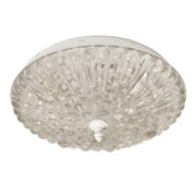 Duży dwupunktowy okrągły kinkiet/plafon ze strukturalnego, grubego szkła prasowanego w ażurowej białej metalowej obejmie, Hiszpania, lata 70.