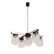 Pięciopunktowa  lampa wisząca  z masywnymi chromowanymi ramionami i szklanymi fakturowymi kloszami, Czechosłowacja, lata 60.