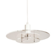 Okrągła lampa sufitowa złożona z dwóch przezroczystych dysków z pleksi zawieszonych na metalowej białej tulei, Design Light A/S, Space Age, Dania, lata 70.