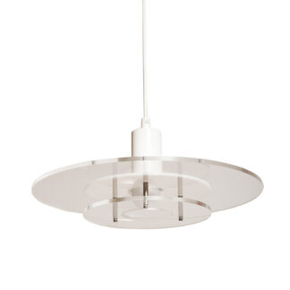 Okrągła lampa sufitowa złożona z dwóch przezroczystych dysków z pleksi zawieszonych na metalowej białej tulei, Design Light A/S, Space Age, Dania, lata 70.