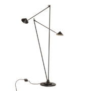 Czarna minimalistyczna metalowa lampa podłogowa z dwoma ruchomymi ramionami i kloszami w kształcie stożka, Pola Amstelveen, Holandia, lata 80.