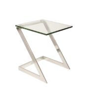 Masywny stolik boczny/pomocnik/stolik kawowy/stolik nocny z grubym blatem z hartowanego szkła na metalowych chromowanych profilach w kształcie litery "Z", Gebra, Niemcy, lata 90.