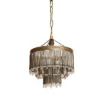 Kaskadowa trzypoziomowa jednopunktowa lampa sufitowa w stylu boho złożona z przeźroczystych szklanych wisiorków i czarnych szklanych pałeczek wiszących na trzech metalowych obręczach w kolorze starego złota, Typ 18-01, Železnobrodskié Sklo, Czechosłowacja, lata 50.