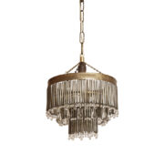 Kaskadowa trzypoziomowa jednopunktowa lampa sufitowa w stylu boho złożona z przeźroczystych szklanych wisiorków i czarnych szklanych pałeczek wiszących na trzech metalowych obręczach w kolorze starego złota, Typ 18-01, Železnobrodskié Sklo, Czechosłowacja, lata 50.