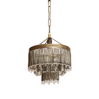 Kaskadowa trzypoziomowa jednopunktowa lampa sufitowa w stylu boho złożona z przeźroczystych szklanych wisiorków i czarnych szklanych pałeczek wiszących na trzech metalowych obręczach w kolorze starego złota, Typ 18-01, Železnobrodskié Sklo, Czechosłowacja, lata 50.