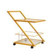 Kwadratowy melonowy modernistyczny mobilny wózek barowy/pomocnik na metalowej rurowej konstrukcji z dwoma przeźroczystymi szklanymi blatami, model "Z", firma Harvink, Holandia, lata 80.