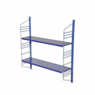 Modułowa szafka/regał na metalowej niebieskiej konstrukcji z dwoma niebieskimi metalowymi półkami z pomarańczowym spodem z regulowanym ustawieniem wysokości, projekt Adriaan Dekker dla firmy Tomado, Holandia, lata 60.