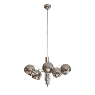 Rozłożysta cała metalowa długa pięciopunktowa chromowana lampa sufitowa z regulowaną długością zwisu, Space Age, Włochy, lata 60/70.