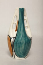 Fajansowy wazon ręcznie malowany podszkliwnie w pomarańczowe, zielone (morskie) i brązowe wzory, projekt Wit Płażewski, Włocławskie Zakłady Ceramiki Stołowej we Włocławku, wzór 443 z 1960 roku - obrazek 5