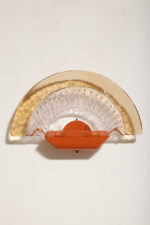 Duża dwupunktowa łososiowa lampa ścienna/kinkiet ze szklanym ręcznie formowanym fakturowym masywnym pomarańczowo-różowym kloszem, styl Art Deco, Włochy, lata 70. - obrazek 54