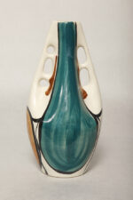 Fajansowy wazon ręcznie malowany podszkliwnie w pomarańczowe, zielone (morskie) i brązowe wzory, projekt Wit Płażewski, Włocławskie Zakłady Ceramiki Stołowej we Włocławku, wzór 443 z 1960 roku - obrazek 7