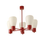 Pięciopunktowa czerwona metalowa lampa sufitowa/żyrandol ze szklanymi mlecznobiałymi kloszami, Niemcy, lata 60/70.