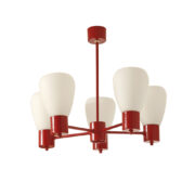 Pięciopunktowa czerwona metalowa lampa sufitowa/żyrandol ze szklanymi mlecznobiałymi kloszami, Niemcy, lata 60/70.