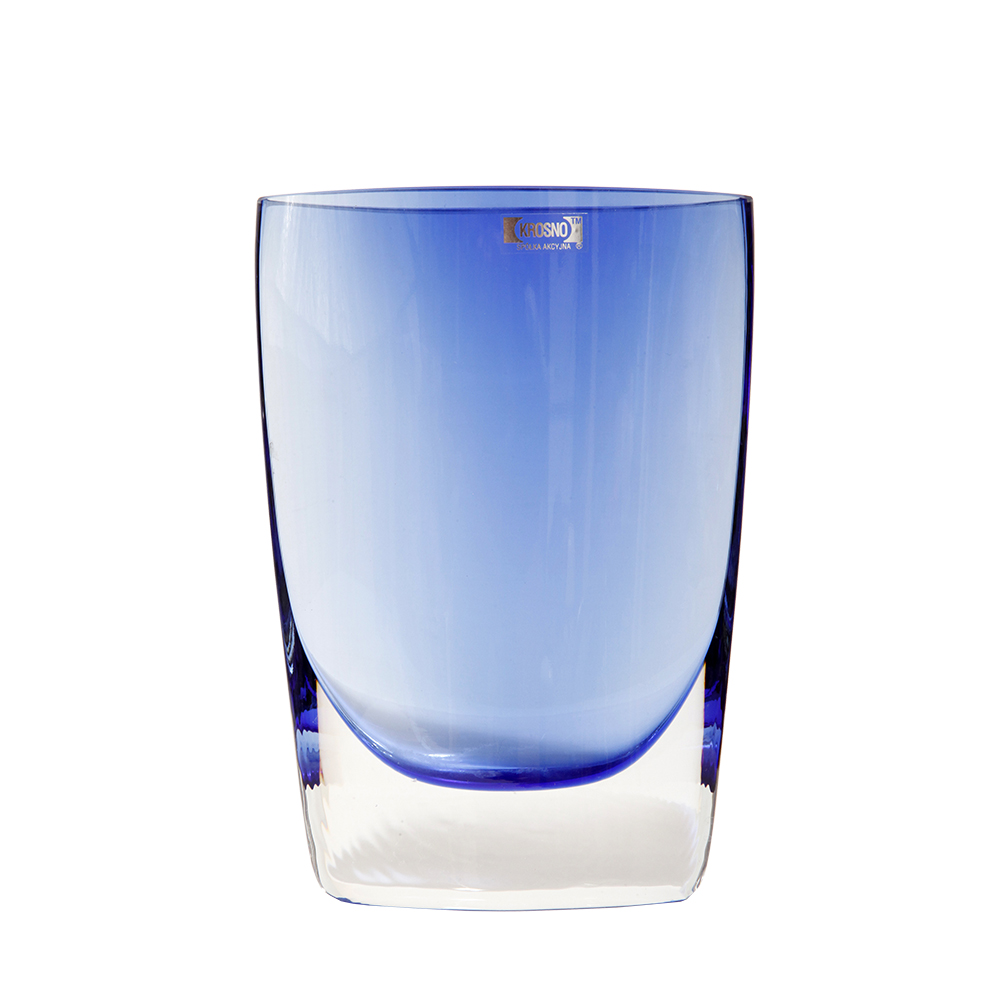 design sklep warszawa, vintage vase, szkło krosno, design store, antique shop, vintage glass, kolorowe szklo prl, sklep retro, antique store, polish glass, vintage glass vase, retro shop warsaw, design store warsaw, meble vintage, kobaltowy wazon vintage, retro sklep warszawa, vintage sklep warszawa, retro shop, kobaltowe szkło, vintage shop warsaw, antique shop warsaw, vintage shop, cobalt glass, vintage store warsaw, vintage, antique store warsaw, vintage store, kobaltowy wazon krosno, retro store warsaw, vintage lamp, antyk sklep, sklep vintage, wazon prl, prl, antyk sklep warszawa, design shop, szklany wazon prl, prl style, krosno, retro store, design shop warsaw, retro, krosno glass, design sklep Szklany niski (21 cm) o przekroju łezki płaski niebieski/kobaltowy wazon z przezroczystą podstawą, Krośnieńskie Huty Szkła Krosno S.A., Polska, lata 90. - obrazek 1