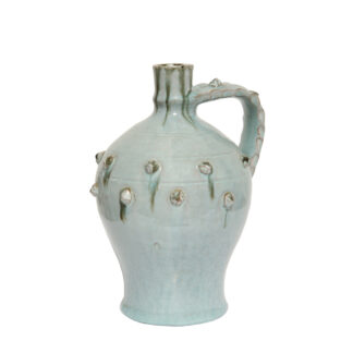 Ceramiczny pękaty dzbanek/amfora/bukłak (21,5 cm) w morskim/jasnoniebieskim kolorze z uchem i wypustkami, Niemcy, lata 60.