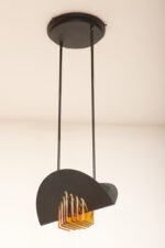 Czarna matowa stalowa jednopunktowa lampa sufitowa z siedmioma półprzeźroczystym ręcznie formowanymi miodowymi plastrami ze szkła Murano, AV Mazzega, Włochy, lata 80. - obrazek 40