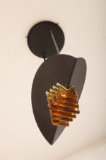 Czarna matowa stalowa jednopunktowa lampa sufitowa z siedmioma półprzeźroczystym ręcznie formowanymi miodowymi plastrami ze szkła Murano, AV Mazzega, Włochy, lata 80. - obrazek 11