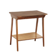 Nieduży prostokątny orzechowy stolik pod radio/stolik pomocnik z otwartą dodatkową półką i niedużą szufladą pod górnym blatem, Polska, lata 60.