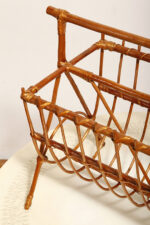 Drewniany lakierowany lekki ażurowy pleciony gazetnik /pojemnik lub stojak na gazety w stylu Mid Century Modern z jedną komorą użytkową , lata 70. - obrazek 9