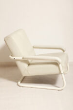 Masywny niski fotel wypoczynkowy w stylu Bauhaus na metalowej rurowej ramie obity białą/ecru skórą naturalną, projekt Jan des Bouvrie dla Gelderland, Model 4751, Holandia, lata 80. - obrazek 10
