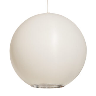Jednopunktowa mlecznobiała duża (40 cm) lampa sufitowa z tworzywa w kształcie kuli z aluminiowym srebrnym odbłyśnikiem na dole, Philips, Holandia, lata 90.