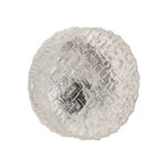 Szklany jednopunktowy okrągły przezroczysto lodowy kinkiet/lampa ścienna "Matrix" z geometrycznym i minimalistycznym wzorem osadzony na metalowej białej obejmie, Niemcy, lata 70.