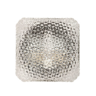 Szklany masywny fakturowy przeźroczysto lodowy kwadratowy jednopunktowy kinkiet/lampa ścienna z czarnym uchwytem z tworzywa, RZB (Rudolf Zimmermann Bamberg) Leuchten, Niemcy, lata 70.