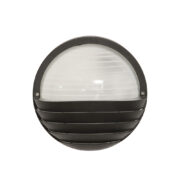 Dwupunktowa okrągła outdoorowa lampa ścienna/kinkiet ze szklanym reliefowym mlecznobiałym kloszem w czarnej w połowie ażurowej oprawie z tworzywa, firma Prisma, Włochy, lata 80/90.