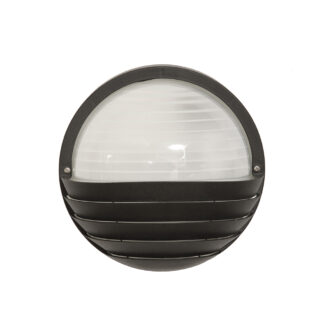 Dwupunktowa okrągła outdoorowa lampa ścienna/kinkiet ze szklanym reliefowym mlecznobiałym kloszem w czarnej w połowie ażurowej oprawie z tworzywa, firma Prisma, Włochy, lata 80/90.