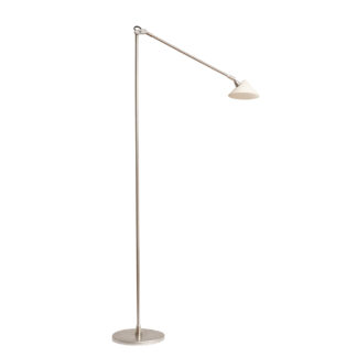 Srebrna minimalistyczna jednopunktowa metalowa lampa podłogowa z ruchomym ramieniem i szklanym mlecznobiałym kloszem w kształcie stożka, Pola Amstelveen, Holandia, lata 80.