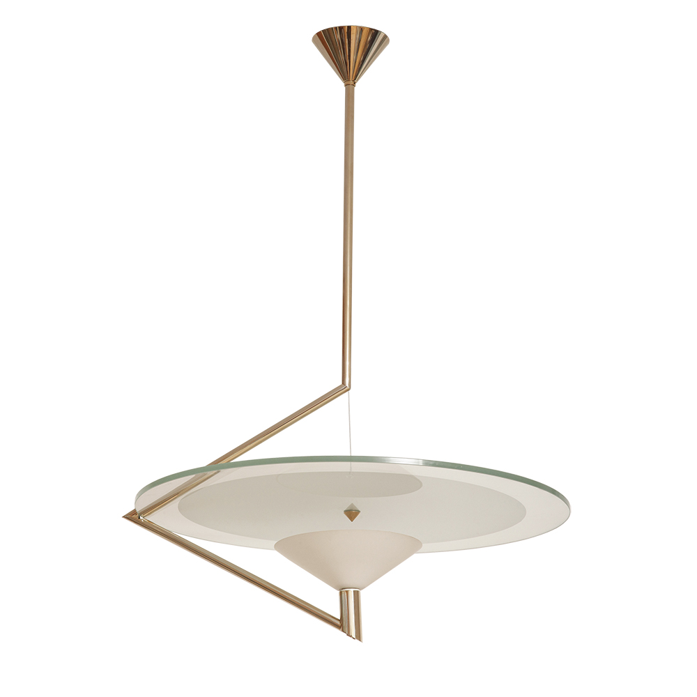 lampa Olympia 2731, design shop, lampa vintage Fontana Arte, design sklep warszawa, vintage lamp, Olympia 2731 lamp, retro store, Fontana Arte Daniel Puppa, antique shop, prl, Olympia 2731 vintage lamp, design sklep, antique store, prl style, lampa vintage Olympia 2731, design store, design store warsaw, meble prl, lampa olympia Daniela Puppa, sklep retro, vintage sklep warszawa, retro, Daniela Puppa lamp, retro shop warsaw, antique shop warsaw, meble vintage, lampa Daniela Puppa, retro sklep warszawa, antique store warsaw, retro shop, Daniela Puppa design, vintage shop warsaw, antyk sklep, vintage shop, Fontana Arte, vintage store warsaw, antyk sklep warszawa, vintage store, Fontana Arte lamp, retro store warsaw, vintage, Olympia 2731, sklep vintage, lampa Fontana Arte, design shop warsaw Duża lampa sufitowa "Olympia 2731" z okrągłym masywnym szklanym kloszem w kształcie koła zawieszonym na stalowej złotej konstrukcji, projekt Daniel Puppa dla Fontana Arte/Mediolan, Włochy, wzór z 1984 roku - obrazek 1