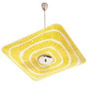 Żółta kwadratowa szklana trzypunktowa lampa sufitowa „Parasolka” z geometrycznym wzorem, Napako, Czechosłowacja, lata 60.