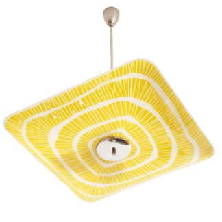 Żółta kwadratowa szklana trzypunktowa lampa sufitowa „Parasolka” z geometrycznym wzorem, Napako, Czechosłowacja, lata 60.