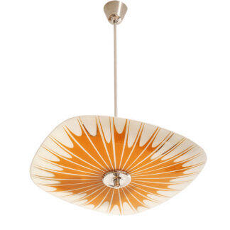 Pomarańczowa szklana trzypunktowa lampa sufitowa „Parasolka” z geometrycznym wzorem i złoceniami, Napako, Czechosłowacja, lata 60.