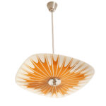 Pomarańczowa szklana trzypunktowa lampa sufitowa „Parasolka” z geometrycznym wzorem i złoceniami, Napako, Czechosłowacja, lata 60.
