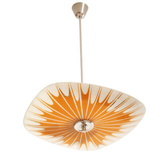 Pomarańczowa szklana trzypunktowa lampa sufitowa „Parasolka” z geometrycznym wzorem i złoceniami, Napako, Czechosłowacja, lata 60.