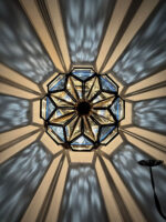 Szklany jednopunktowy witrażowy ręcznie wykonany kinkiet/plafon/lampa ścienna na miedzianej konstrukcji, Hiszpania, 2003 rok - obrazek 29