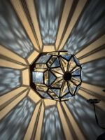 Szklany jednopunktowy witrażowy ręcznie wykonany kinkiet/plafon/lampa ścienna na miedzianej konstrukcji, Hiszpania, 2003 rok - obrazek 31